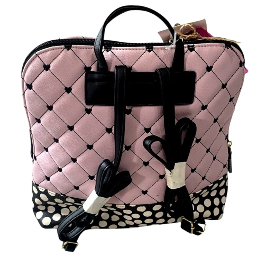 Luv Betsy Johnson Quilted Heart Polka Dot Mini Backpack Pink Black Kitsch - Picture 3 of 10